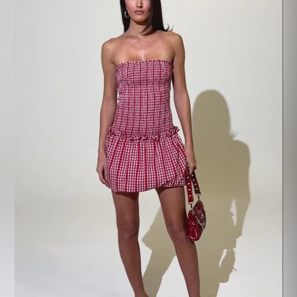 AKIRA Red Gingham Strapless Mini Dress
